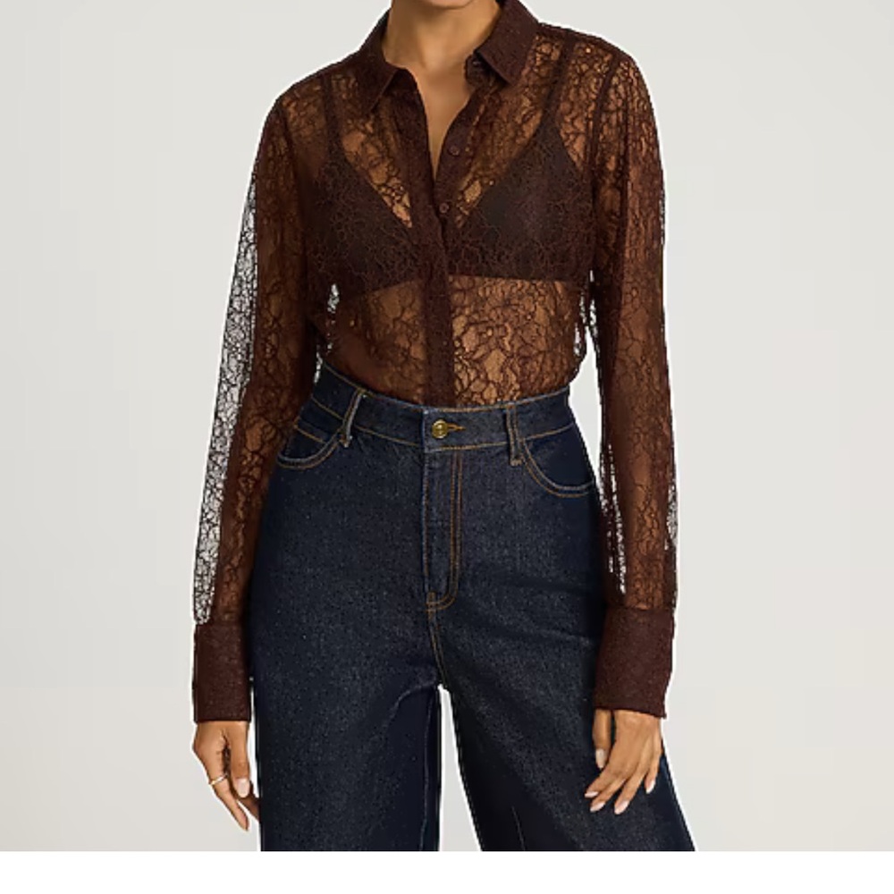 Express Brown Sheer Lace Essential Shirt Size Medium